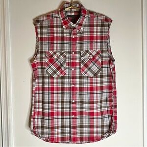 Old Navy Cotton Cutoff Sleeveless Plaid Collared Shirt Snap Up Pockets Sz S EUC